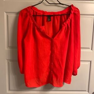H&M red button up sheer blouse